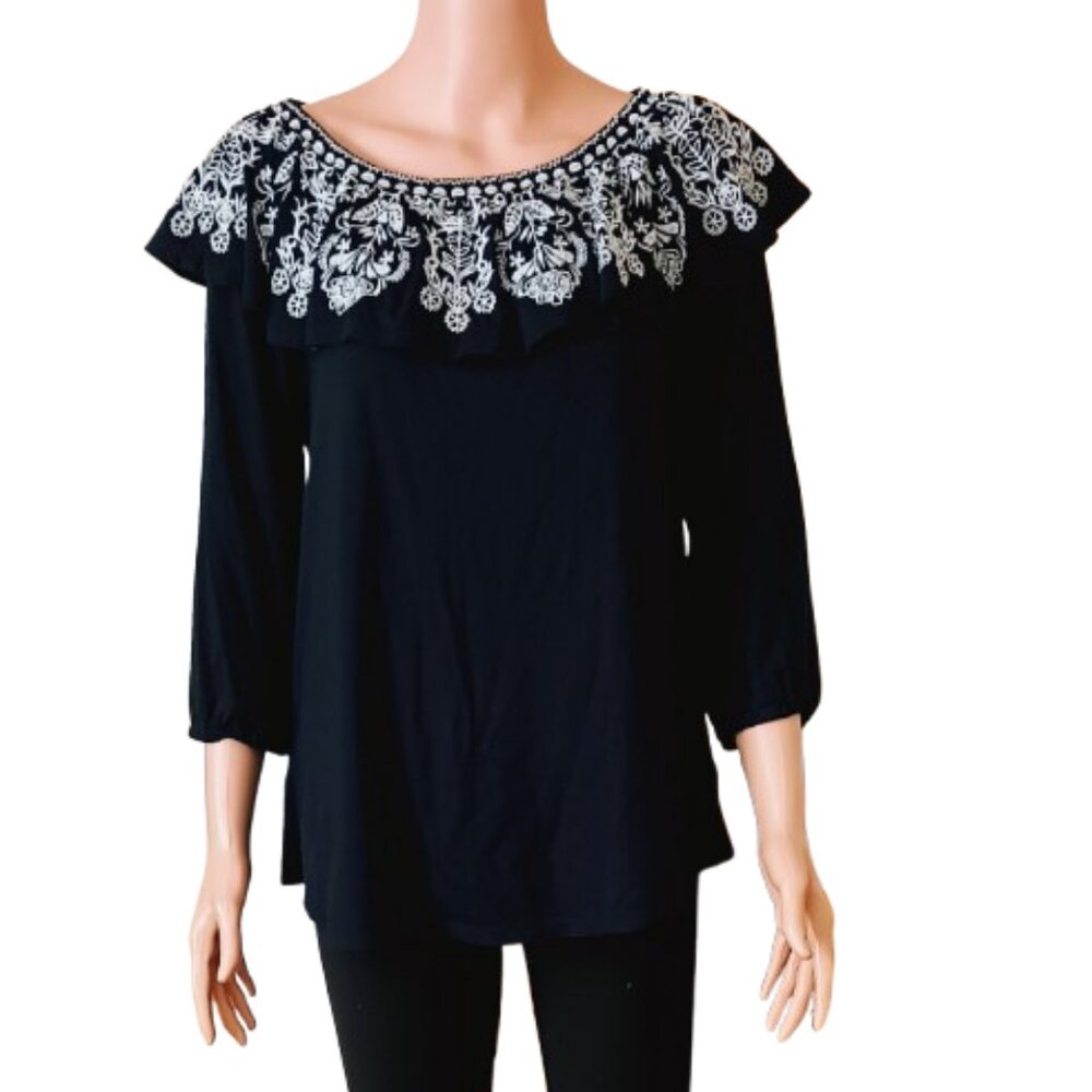 J Jill Navy Blue Flounce Top S Embroidered Ruffle Collar 3/4 Sleeve Blouse